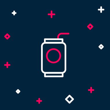 Mavi arka planda izole edilmiş saman ikonu içilen bir çizgi soda kutusu. Renkli taslak konsepti. Vektör