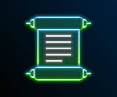 Parlayan neon çizgisi Kararname, kağıt, parşömen, parşömen simgesi siyah arkaplanda izole edilmiş. Renkli taslak konsepti. Vektör