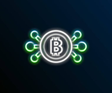 Parlak neon hattı Cryptocurrency bitcoin siyah arkaplanda izole edilmiş mikroçip devre ikonu ile daire içinde. Engelleme teknolojisi, dijital para piyasası. Renkli taslak konsepti. Vektör