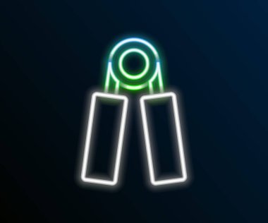 Parlayan neon hattı spor genişletici simgesi siyah arkaplanda izole edildi. Spor malzemeleri. Renkli taslak konsepti. Vektör