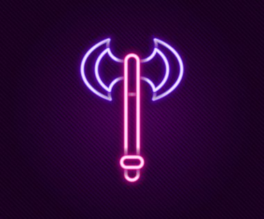 Parlayan neon hattı Ortaçağ balta simgesi siyah arka planda izole edildi. Savaş baltası, cellat baltası. Ortaçağ silahı. Renkli taslak konsepti. Vektör