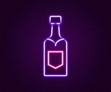 Parlayan neon hattı, siyah arka planda izole edilmiş şampanya şişesi ikonu. Renkli taslak konsepti. Vektör
