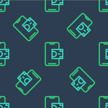 Hat Mobil bankacılık simgesi mavi arkaplandaki kusursuz deseni izole etti. Cep telefonu ekranına cep telefonu bankacılığı yoluyla para aktar. Vektör