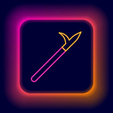 Siyah arkaplanda izole edilmiş ahşap saplı parlak neon hattı metal mızrak direği. Mızrak, kazma, kanca elle söndürme aleti ve itfaiyeci için alet. Renkli taslak konsepti. Vektör