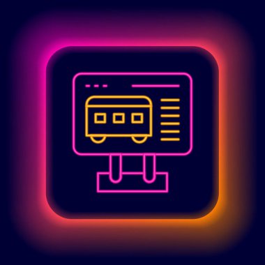 Siyah arka planda izole edilmiş tren ya da uçak ikonu için bilet almak için parlayan neon hattı bilet ofisi. Bilet alıyorum. Bilet servisi. Renkli taslak konsepti. Vektör