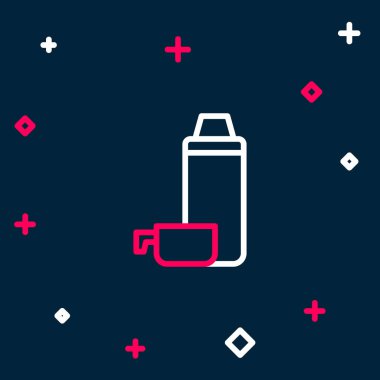 Mavi arkaplanda çizgi termos konteynır simgesi izole edildi. Termo matara ikonu. Kamp ve yürüyüş ekipmanları. Renkli taslak konsepti. Vektör