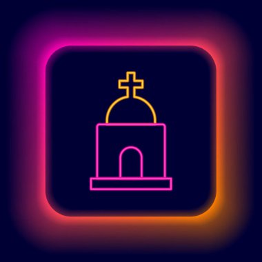 Parlayan neon hattı Eski kripto simgesi siyah arkaplanda izole edildi. Mezarlık sembolü. Merhumun gömülmesi için mezarlık ya da mezarlık. Renkli taslak konsepti. Vektör