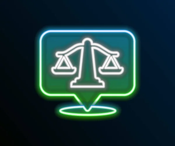 Świecąca Neonowa Linia Ikona Sprawiedliwości Odizolowana Czarnym Tle Symbol Sądu — Wektor stockowy