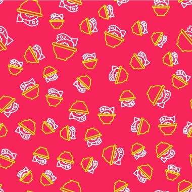 Kase ikonunda servis edilen çizgi balığı kırmızı arka planda izole edilmiş kusursuz desen. Vektör