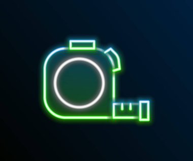 Parlayan neon hattı Rulet inşaat ikonu siyah arka planda izole edildi. Mezura ölçüm sembolü. Renkli taslak konsepti. Vektör