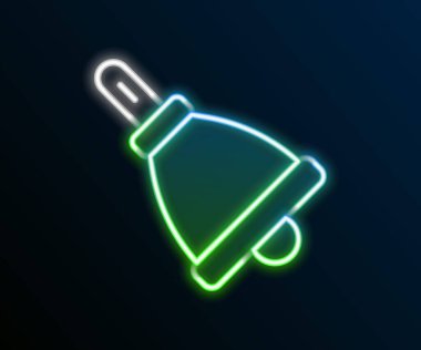 Parlayan neon hattı zil simgesi siyah arkaplanda izole edildi. Alarm sembolü, servis zili, el zili işareti, uyarı sembolü. Renkli taslak konsepti. Vektör