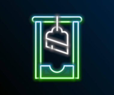 Parlayan neon hattı giyotin ortaçağ infaz ikonu siyah arka planda izole edildi. Renkli taslak konsepti. Vektör