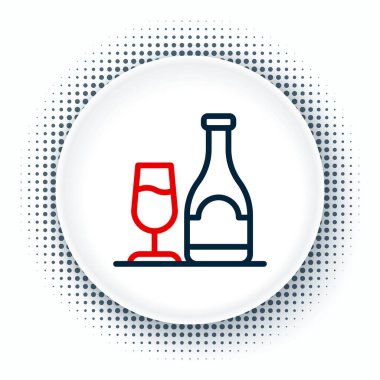 Beyaz zemin üzerinde cam ikon bulunan çizgi şarap şişesi. Renkli taslak konsepti. Vektör