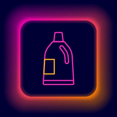 Parlak neon hattı. Çamaşır deterjanı, çamaşır suyu, bulaşık deterjanı ya da siyah arka planda izole edilmiş başka bir temizlik maddesi ikonu için plastik şişe. Renkli taslak konsepti. Vektör