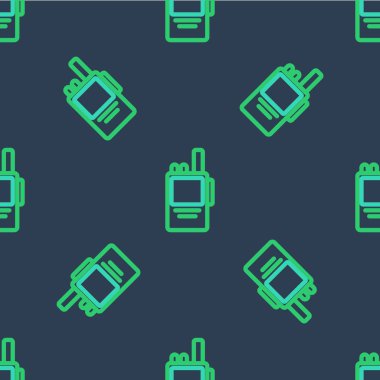 Çizgi Telsizi konuşma simgesi mavi arkaplanda kusursuz desen izole etti. Taşınabilir radyo vericisi simgesi. Radyo alıcı-vericisi işareti. Vektör