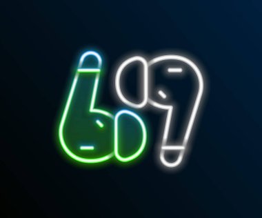 Parlayan neon hattı hava kulaklığı simgesi siyah arkaplanda izole edildi. Kulaklıklar için kablosuz cihaz. Elektronik cihazlar. Renkli taslak konsepti. Vektör