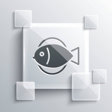 Gri arka planda gri balık simgesi izole edildi. Kare cam paneller. Vektör.