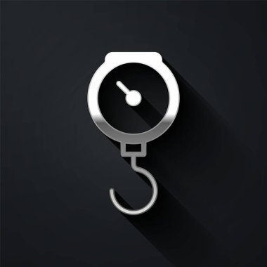 Gümüş El ölçekli yay mekanik ikonu siyah arkaplanda izole edildi. Uzun gölge tarzı. Vektör.