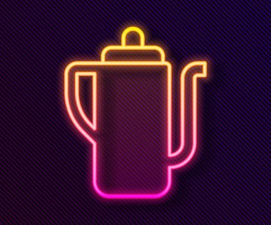 Parlayan neon hattı geleneksel Çin çay seremonisi simgesi siyah arka planda izole edildi. Fincanlı çaydanlık. Vektör.