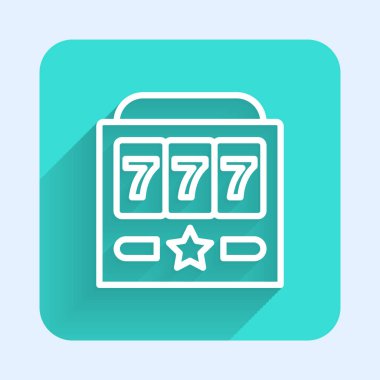 Şanslı yedili büyük ikramiye ikonu uzun gölgeli beyaz çizgi kumar makinesi. Yeşil kare düğmesi. Vektör.