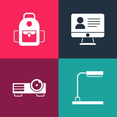 Pop Sanat Masası Lambası, Film, Film, Medya Projektörü, Çevrimiçi sınıf ve Okul sırt çantası ikonu ayarla. Vektör