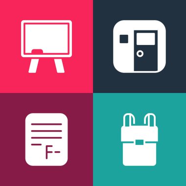 Pop sanat okulu sırt çantası, sınav kağıdı, yanlış cevaplar, sınıf ve yazı tahtası simgesi. Vektör