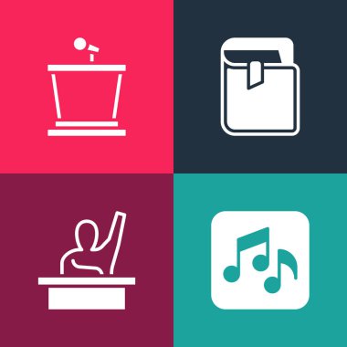 Pop müzik notası, ton, elini kaldıran erkek çocuk, Book and Stage ikonu. Vektör