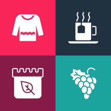 Pop Art Grape meyvesi, sonbahar yapraklı takvim çay poşeti ve süveter ikonu. Vektör