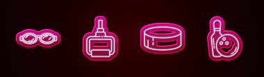 Yüzmek için gözlük, TPX döngü eğitim ekipmanları, hokey diski ve bovling topu. Parlayan neon ikonu. Vektör