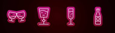 Bardak bardak konyak, brendi, şarap bardağı, şampanya ve bira şişesi. Parlayan neon ikonu. Vektör