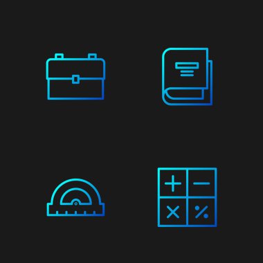 Çizgi hesap makinesi, açıölçer, okul çantası ve kitap. Renk simgeleri. Vektör