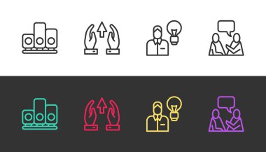 Sıralama yıldızı, büyüme çizelgesi ve ilerleme, ampullü insan ve siyah-beyaz konuşan iki adam. Vektör