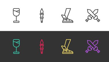 Şarap kadehi, meşale alevi, Hermes sandaleti ve siyah beyaz üzerine çapraz ortaçağ kılıcı. Vektör