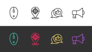 Bilgisayar faresi, hedef sporu, müşteri ürün derecelendirmesi ve megafonu siyah beyaz olarak ayarla. Vektör