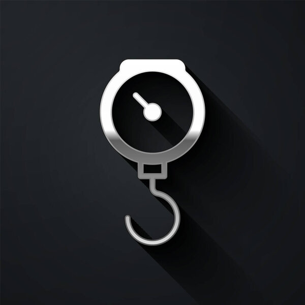 Silver Hand scale spring mechanical icon isolated on black background. Long shadow style. Vector.