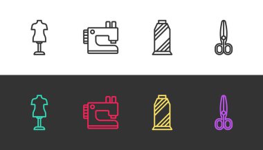 Çizgi manken, dikiş makinesi, makarada iplik ve siyah beyaz makas ayarlayın. Vektör