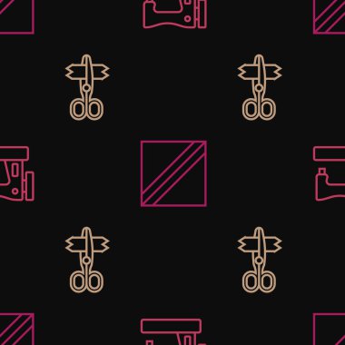 Çizgi dikiş makinesini, makasları ve tekstil kumaşlarını pürüzsüz desene ayarlayın. Vektör