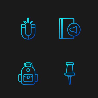 Set hattı Push pimi, okul çantası, mıknatıs ve ses kitabı. Renk simgeleri. Vektör