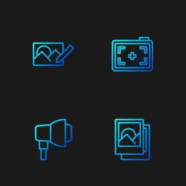 Fotoğraf çerçevesi, Softbox ışığı, rötuş ve kamera ayarlayın. Renk simgeleri. Vektör