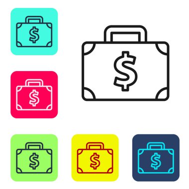 Siyah çizgi evrak çantası ve para simgesi beyaz arka planda izole edildi. İş ilanı. İş portföyü. Renkli kare düğmelerle simgeleri ayarla. Vektör.