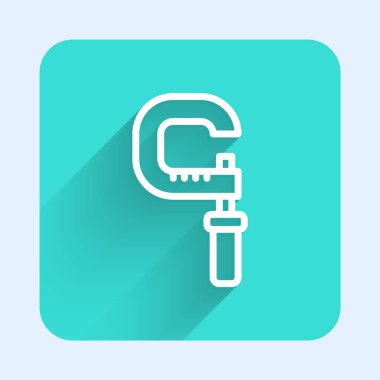 Beyaz çizgi mikrometre simgesi uzun gölgeli izole edilmiş. Mühendislik aleti. Doğrusal boyutları ölçmek için tasarlanmış evrensel bir cihaz. Yeşil kare düğmesi. Vektör.