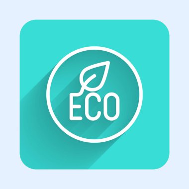 Beyaz çizgi Yaprak Eko sembolü uzun gölge arkaplan izole. Pankart, etiket, etiket, logo, çevre yeşili etiketi. Yeşil kare düğmesi. Vektör