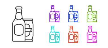 Siyah çizgili bira şişesi ve beyaz arka planda izole edilmiş bira kutusu ikonu. Simgeleri renklendirin. Vektör