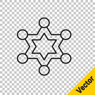 Siyah çizgi şerifi Hexagram simgesi şeffaf arkaplanda izole edildi. Polis rozeti ikonu. Vektör