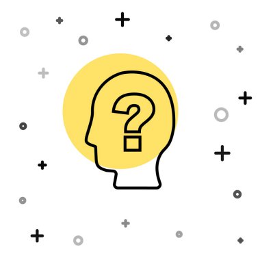 Beyaz arka planda soru işareti simgesi olan siyah çizgi insan kafası. Rastgele dinamik şekiller. Vektör