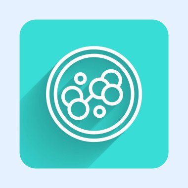 Beyaz çizgi Molekül simgesi uzun gölge arkaplanı ile izole edildi. Kimya moleküllerinin yapısı, fen öğretmenlerinin yenilikçi eğitim posteri. Yeşil kare düğmesi. Vektör