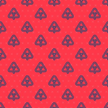 Radyasyon sembolü simgesi olan mavi çizgi üçgeni kırmızı arka planda izole edilmiş. Vektör