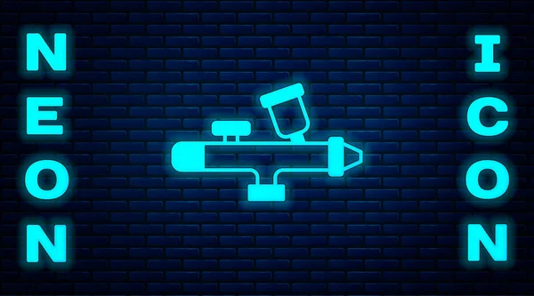 Glödande Neon Färg Spruta Pistol Ikon Isolerad Tegel Vägg Bakgrund — Stock vektor