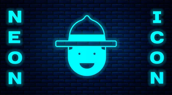 Gloeiende Neon Canadese Ranger Hoed Uniform Pictogram Geïsoleerd Baksteen Muur — Stockvector