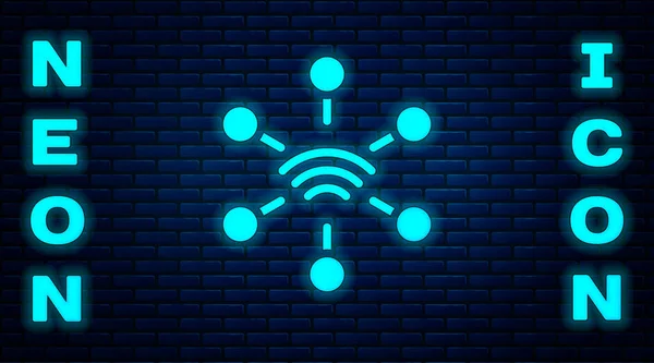 Leuchtende Neon Netzwerk Symbol Isoliert Auf Ziegelwand Hintergrund Globale Netzwerkverbindung — Stockvektor